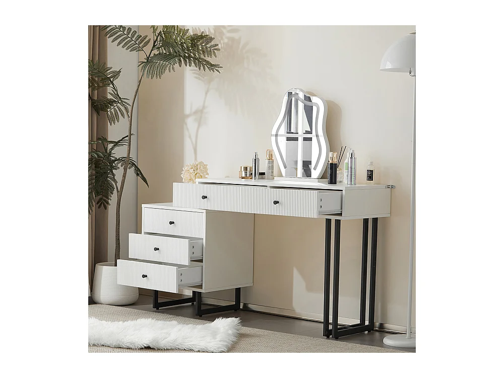 Coiffeuse blanc miroir éclairage plateau coulissant LED 3 couleurs sans tabouret