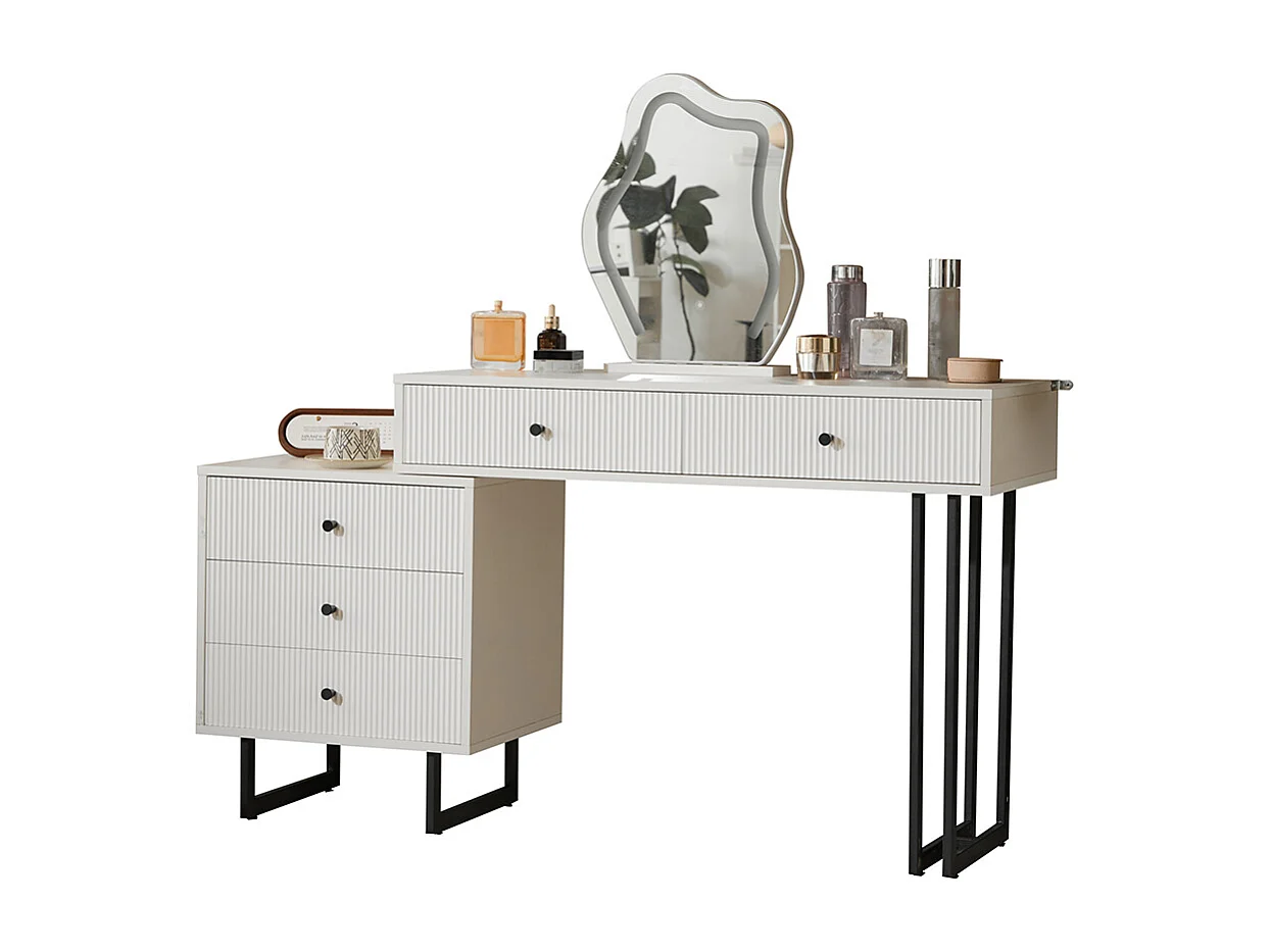 Coiffeuse blanc miroir éclairage plateau coulissant LED 3 couleurs sans tabouret