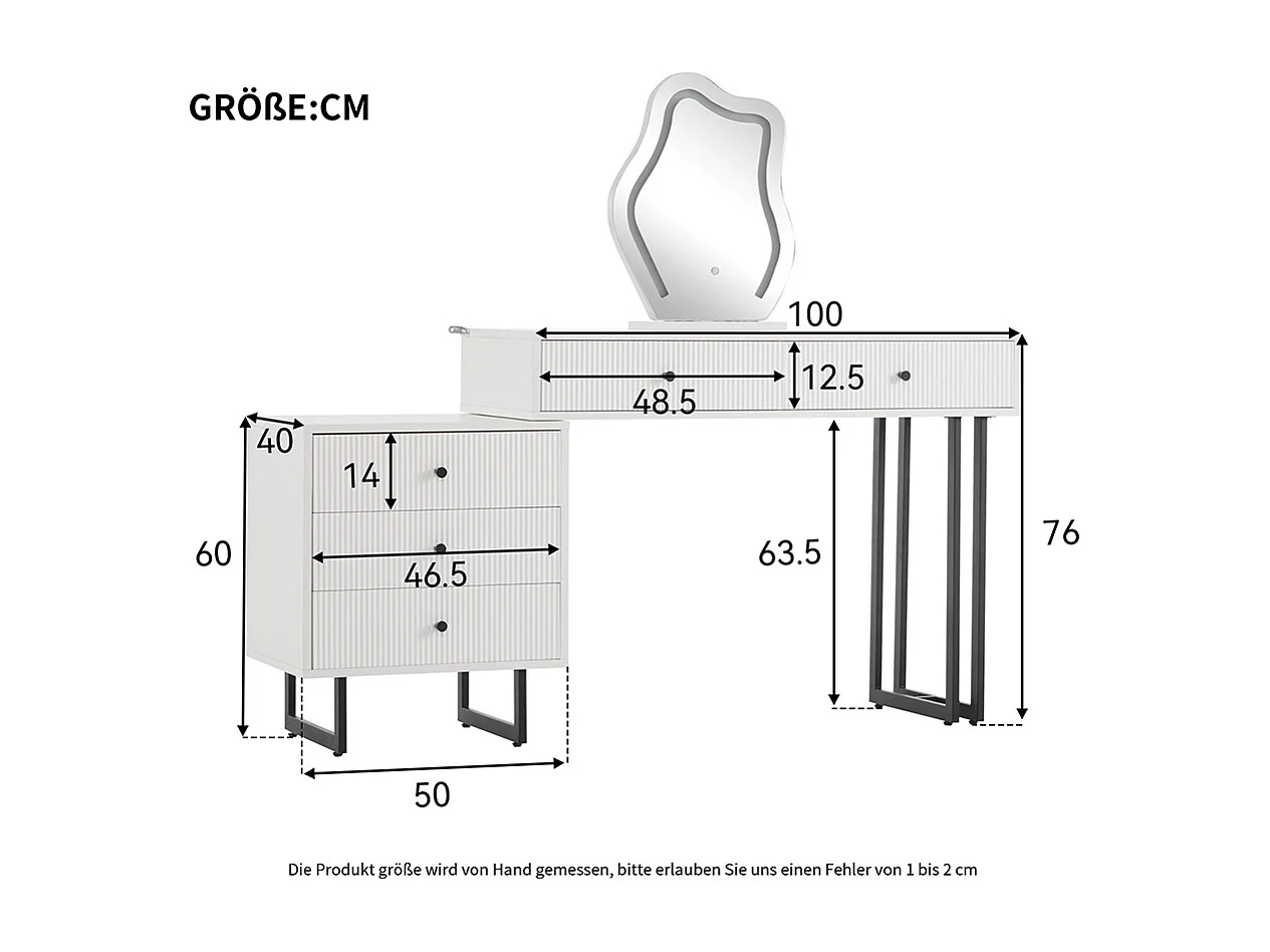Coiffeuse blanc miroir éclairage plateau coulissant LED 3 couleurs sans tabouret
