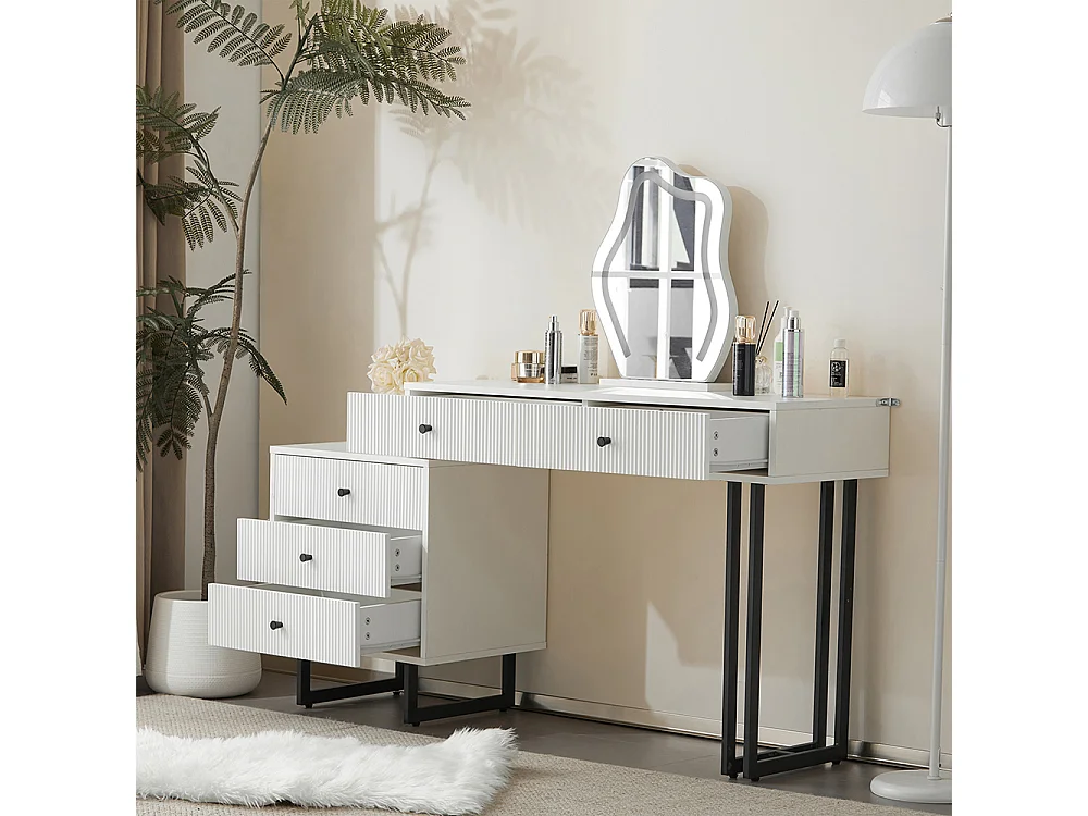 Coiffeuse blanc miroir éclairage plateau coulissant LED 3 couleurs sans tabouret
