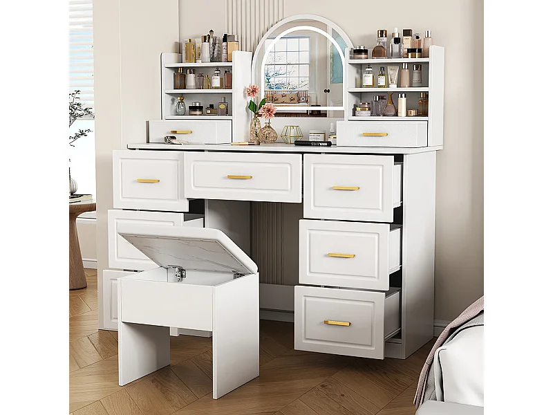 Coiffeuse blanc 9 tiroirs éclairage LED salon chambre