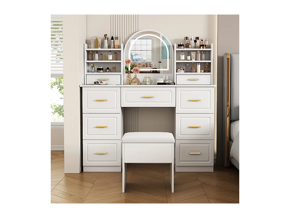 Coiffeuse blanc 9 tiroirs éclairage LED salon chambre