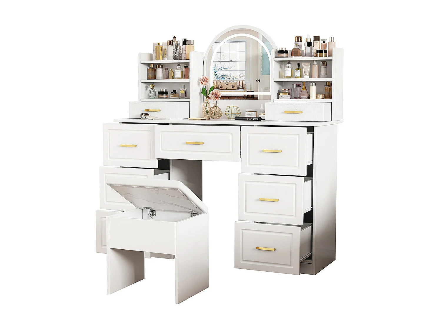 Coiffeuse blanc 9 tiroirs éclairage LED salon chambre