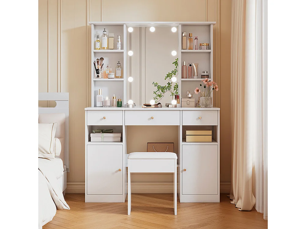 Coiffeuse blanc grande éclairage LED réglable miroir tabouret 3 tiroirs 2 portes chambre