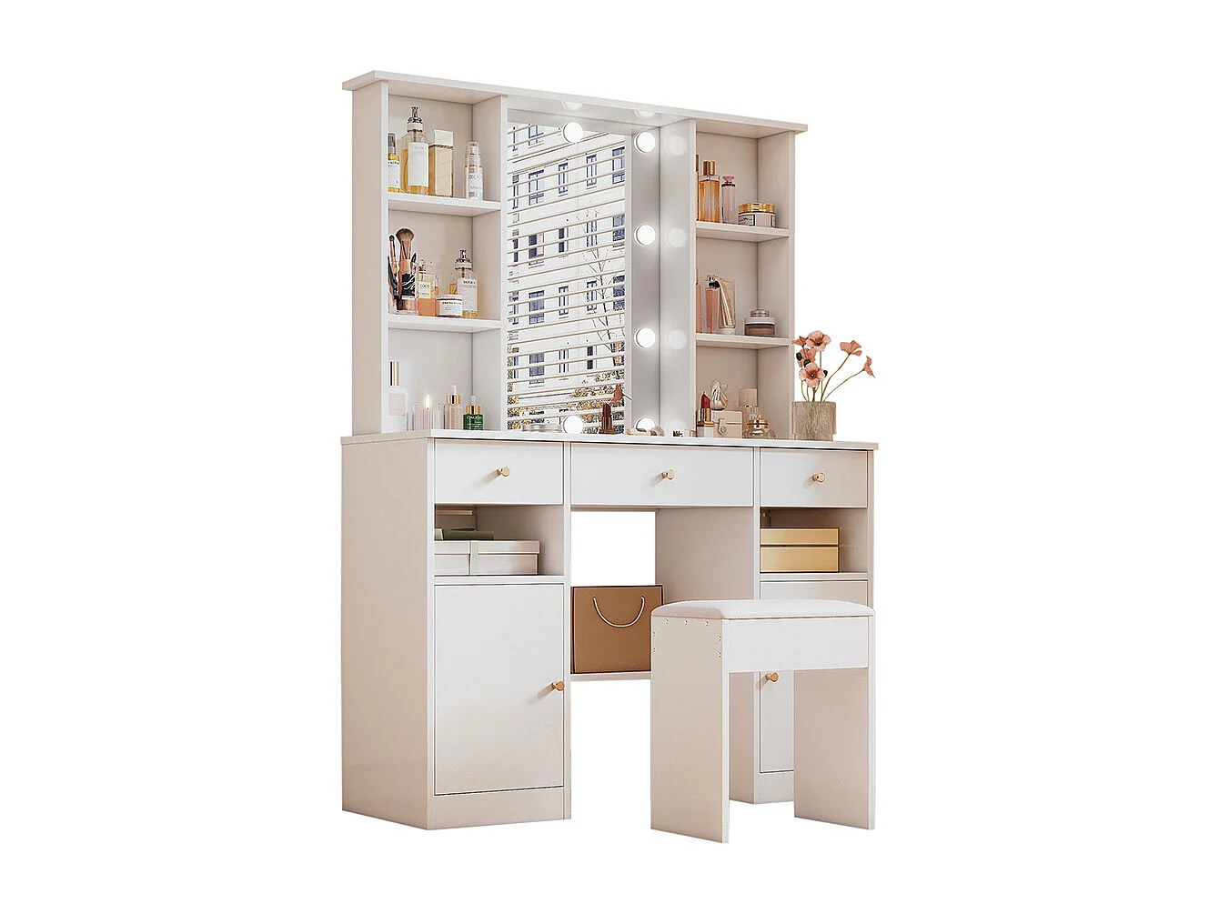 Coiffeuse blanc grande éclairage LED réglable miroir tabouret 3 tiroirs 2 portes chambre