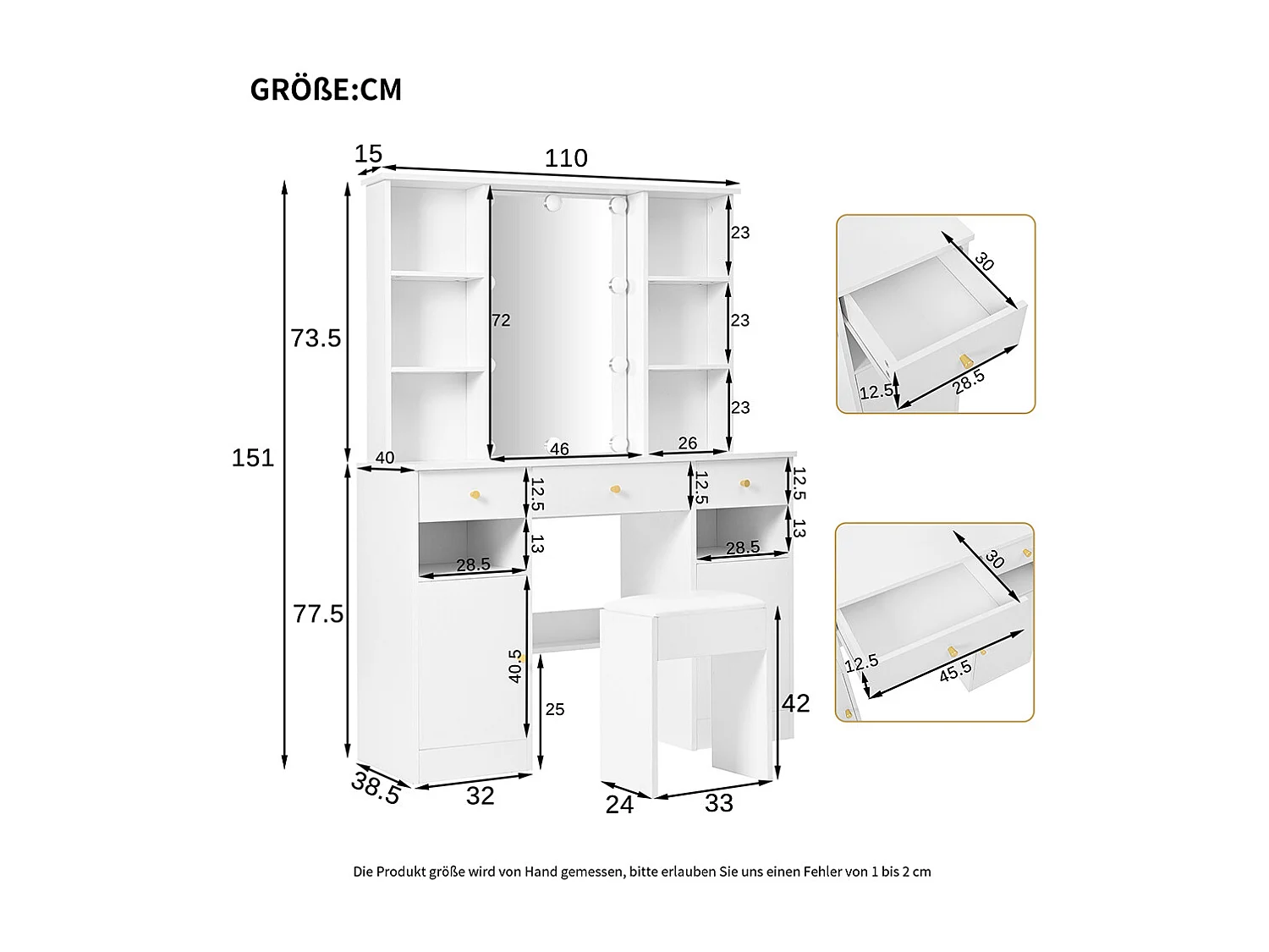 Coiffeuse blanc grande éclairage LED réglable miroir tabouret 3 tiroirs 2 portes chambre