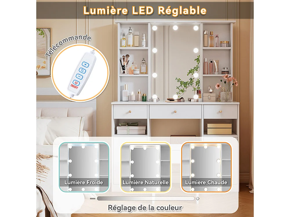 Coiffeuse blanc grande éclairage LED réglable miroir tabouret 3 tiroirs 2 portes chambre
