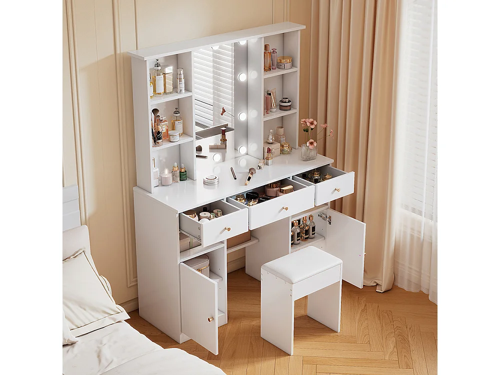 Coiffeuse blanc grande éclairage LED réglable miroir tabouret 3 tiroirs 2 portes chambre