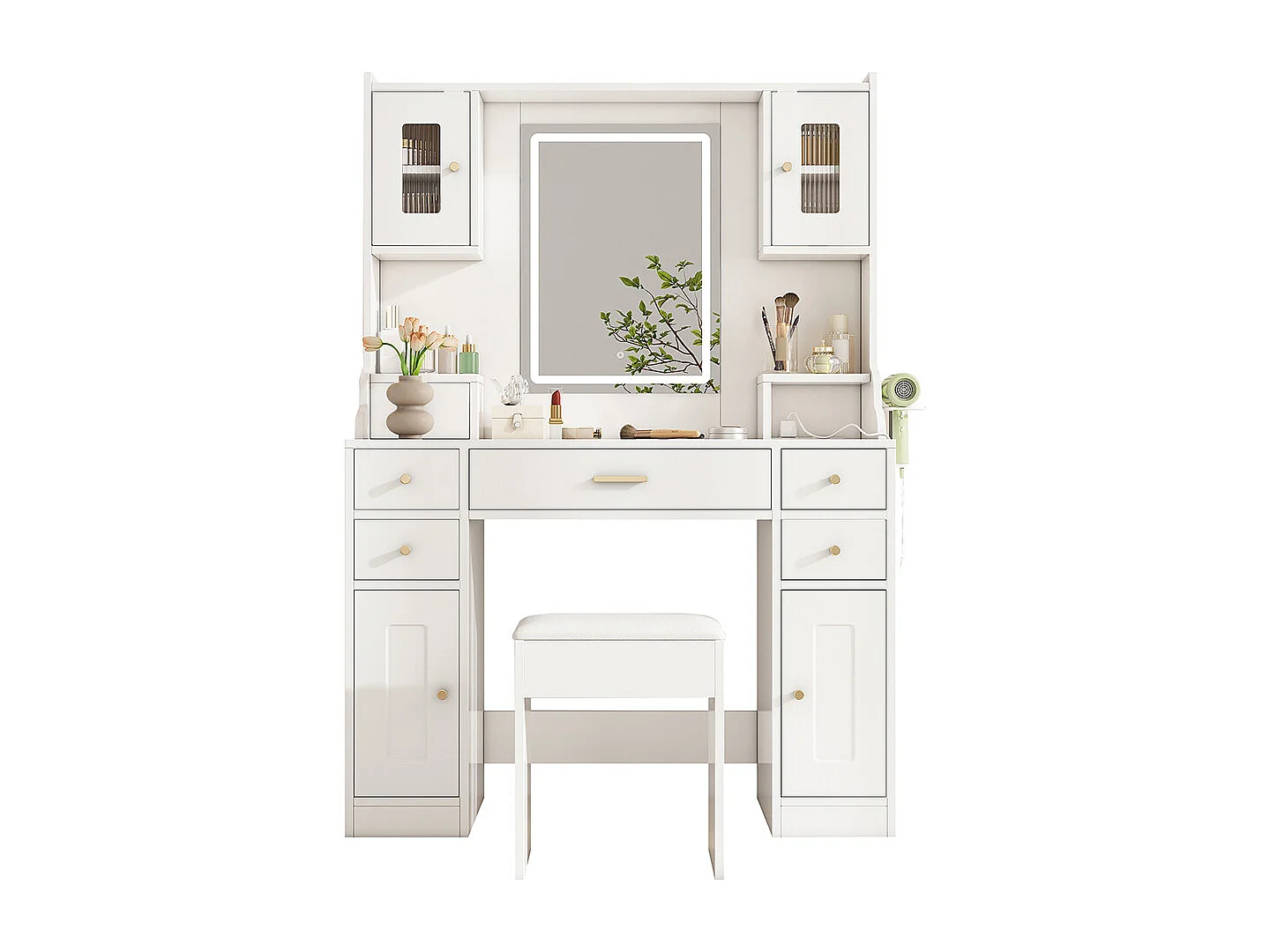 Coiffeuse blanc grande éclairage LED réglable prises électriques miroir 6 tiroirs 4 portes chambre