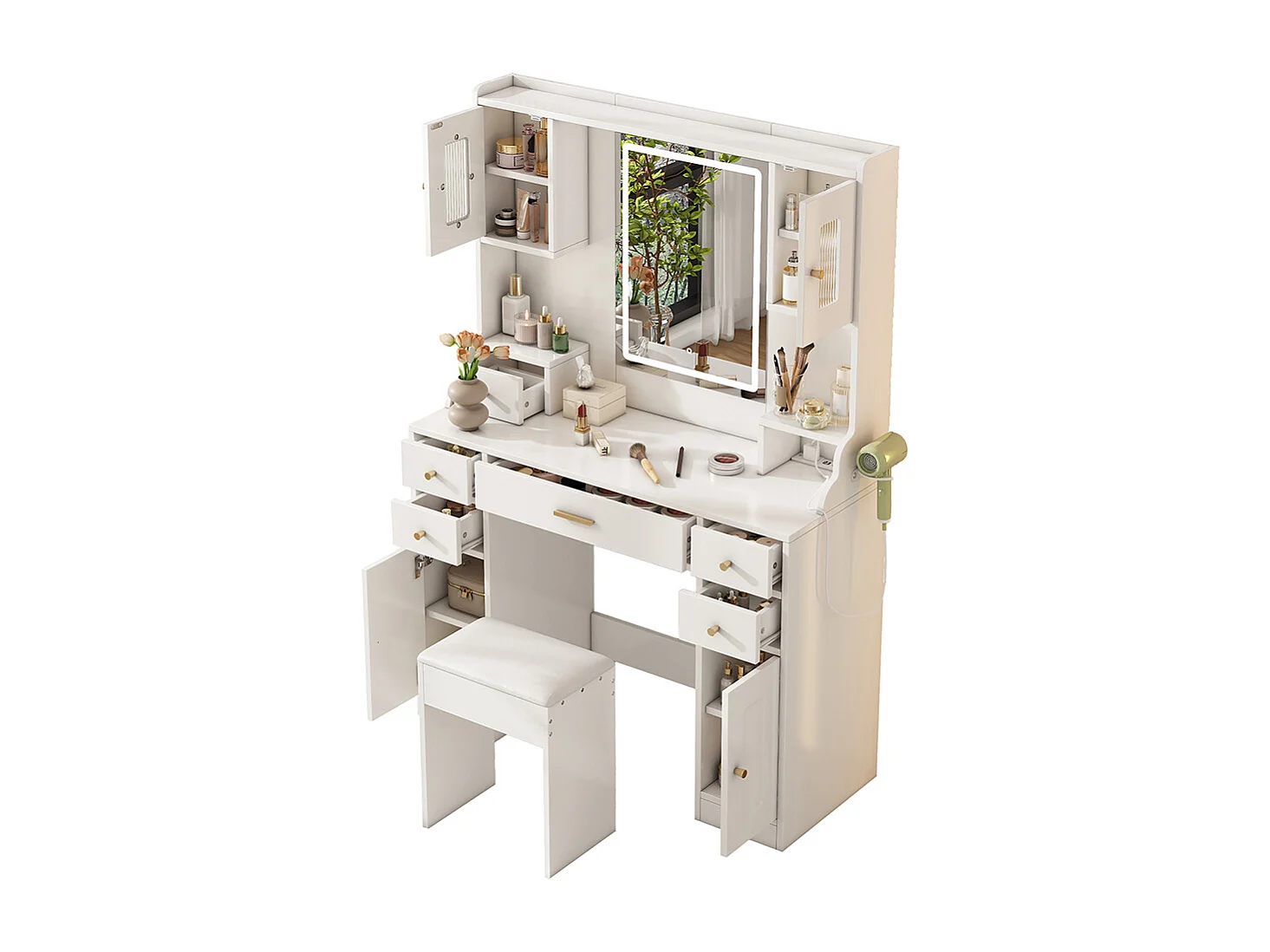 Coiffeuse blanc grande éclairage LED réglable prises électriques miroir 6 tiroirs 4 portes chambre