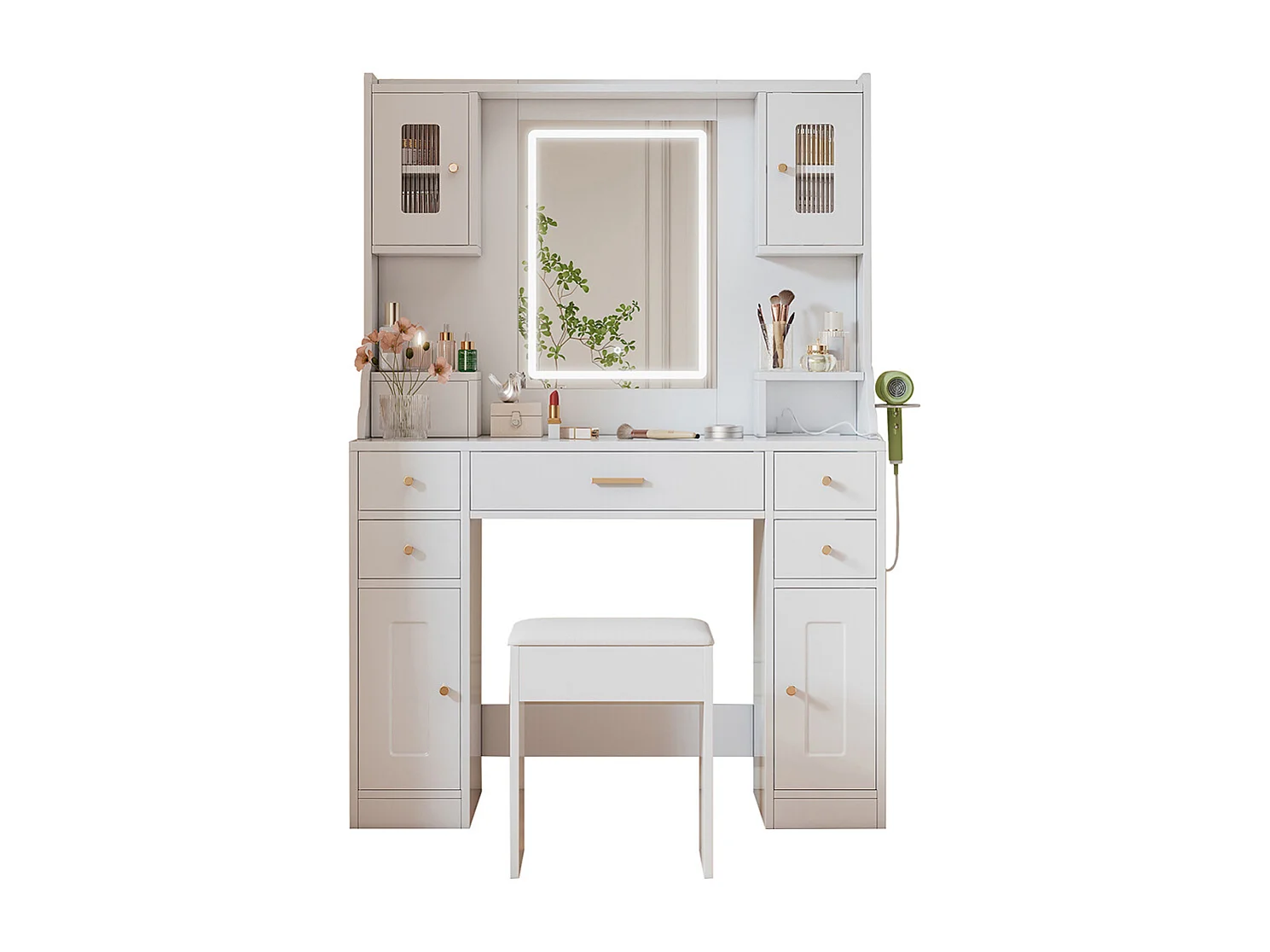 Coiffeuse blanc grande éclairage LED réglable prises électriques miroir 6 tiroirs 4 portes chambre