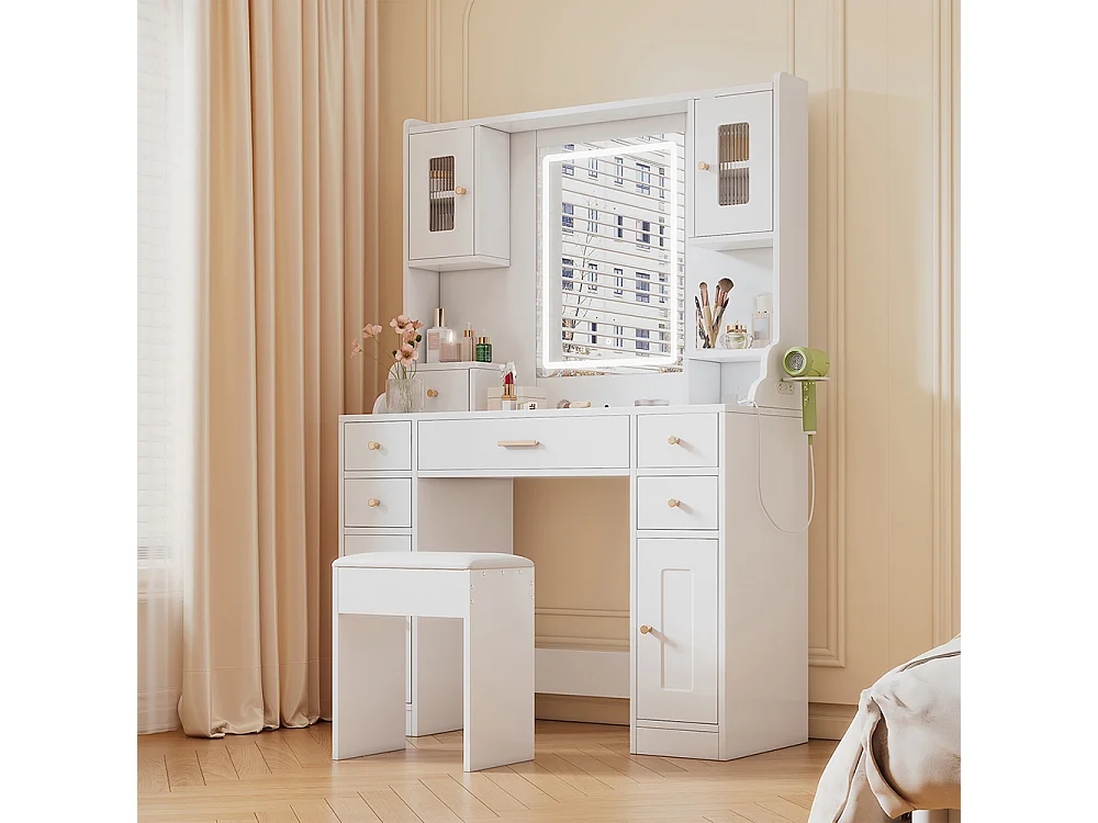 Coiffeuse blanc grande éclairage LED réglable prises électriques miroir 6 tiroirs 4 portes chambre