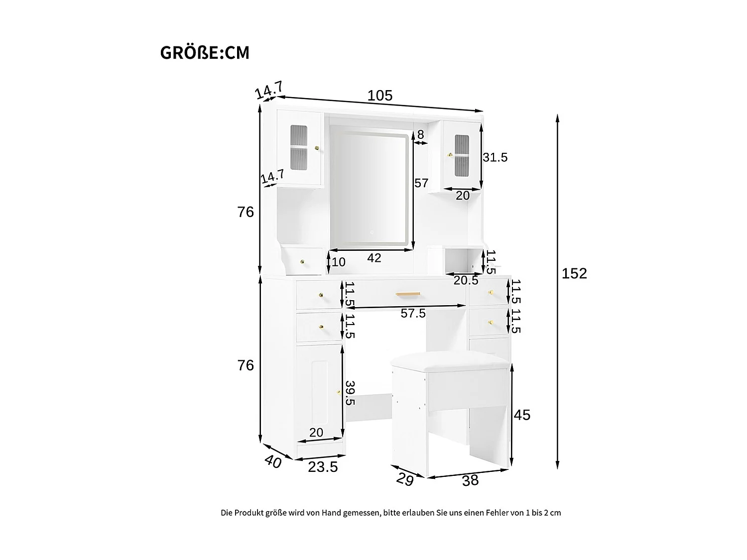 Coiffeuse blanc grande éclairage LED réglable prises électriques miroir 6 tiroirs 4 portes chambre