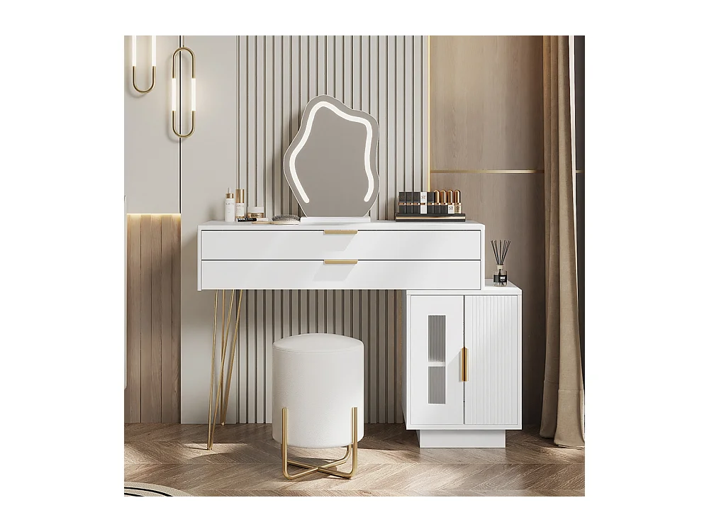Coiffeuse blanc miroir LED design extensible chambre sans tabouret