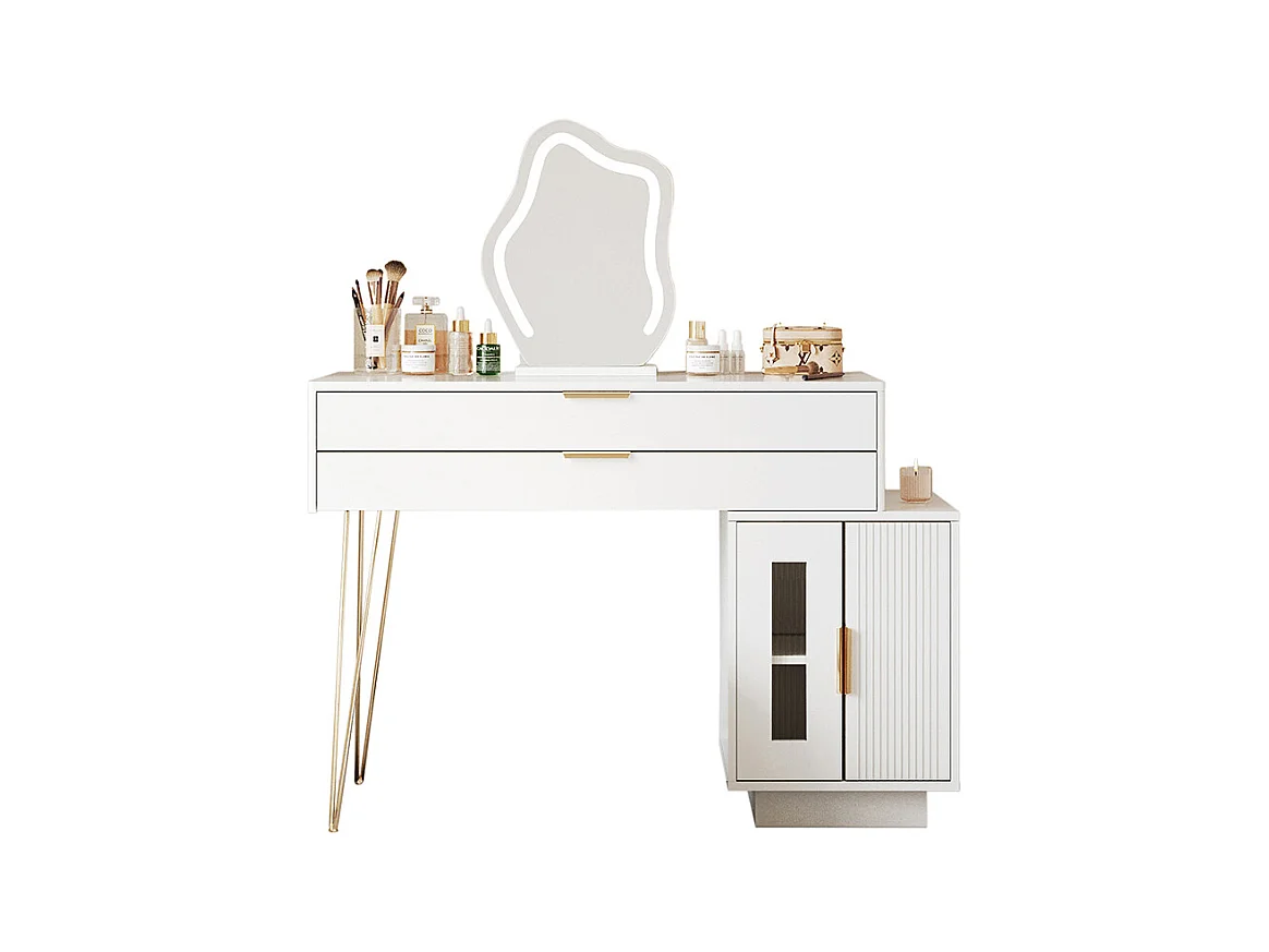 Coiffeuse blanc miroir LED design extensible chambre sans tabouret