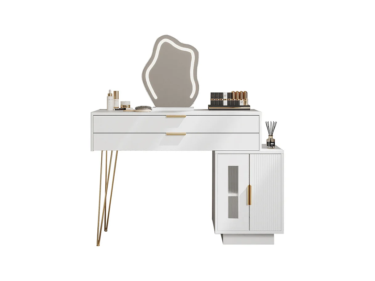 Coiffeuse blanc miroir LED design extensible chambre sans tabouret