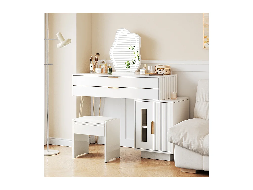 Coiffeuse blanc miroir LED design extensible chambre sans tabouret