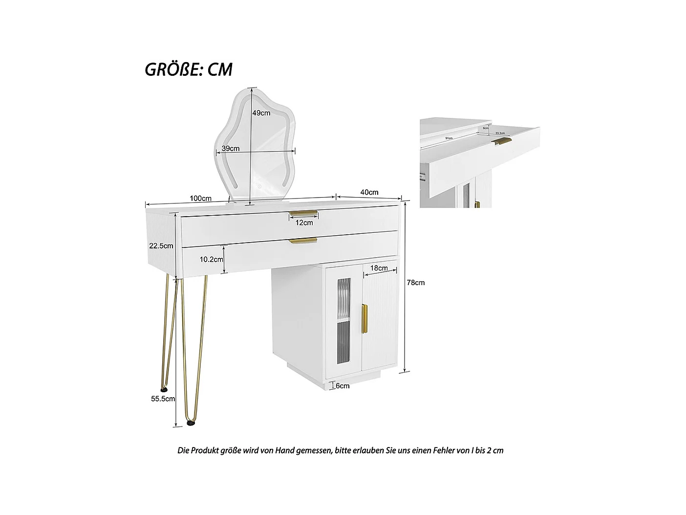 Coiffeuse blanc miroir LED design extensible chambre sans tabouret