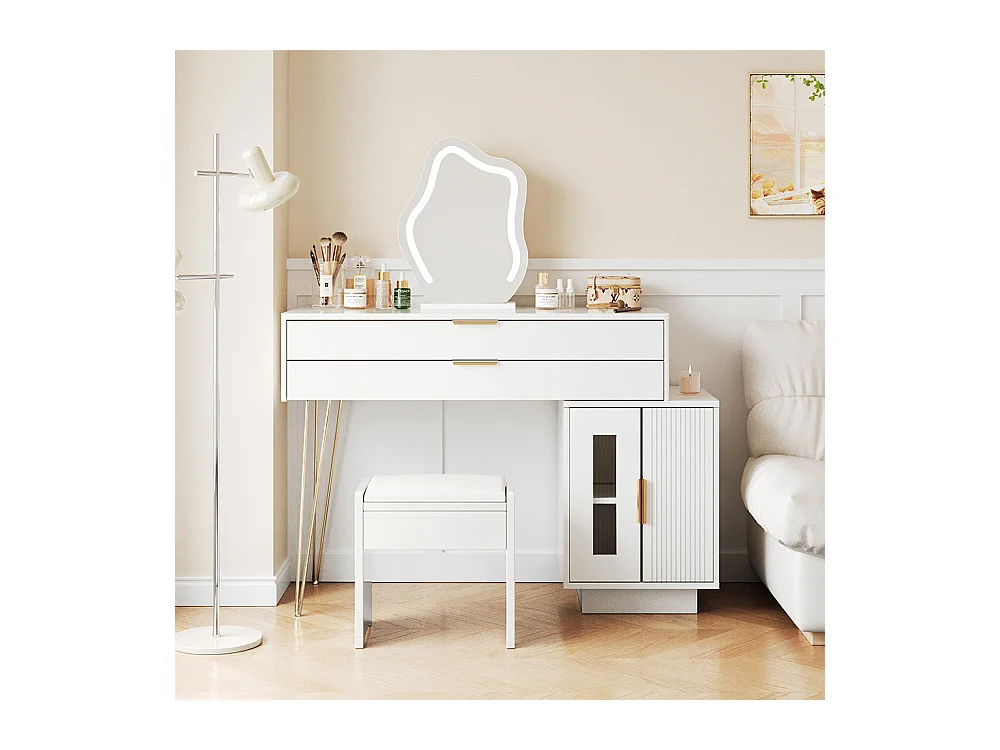 Coiffeuse blanc miroir LED design extensible chambre sans tabouret