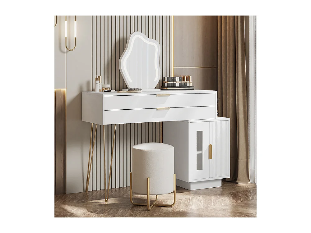 Coiffeuse blanc miroir LED design extensible chambre sans tabouret