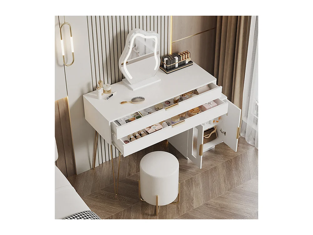 Coiffeuse blanc miroir LED design extensible chambre sans tabouret