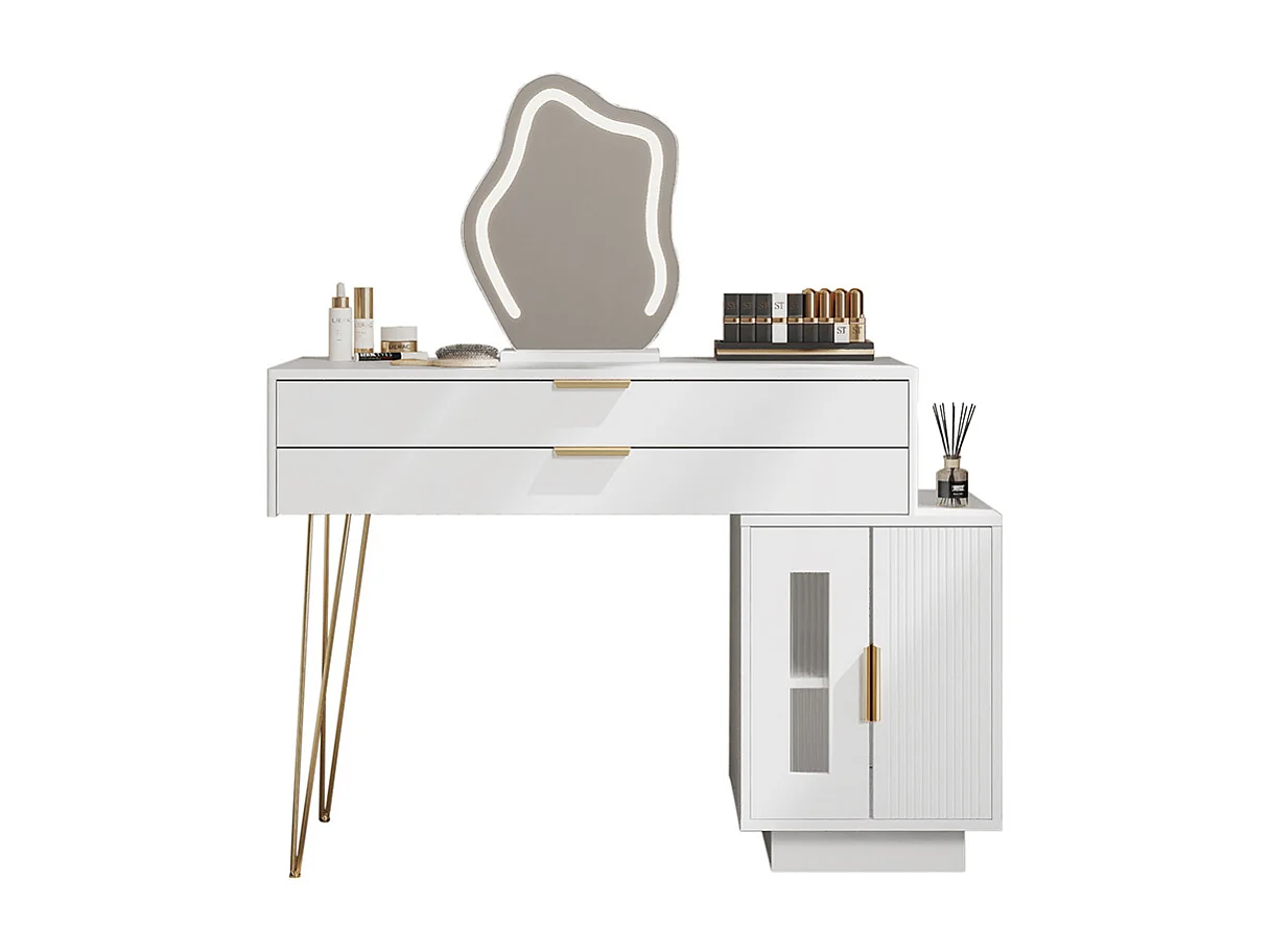 Coiffeuse blanc miroir LED design extensible chambre sans tabouret