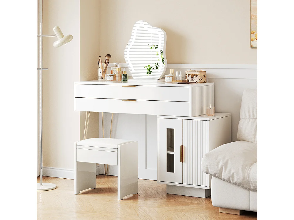 Coiffeuse blanc miroir LED design extensible chambre sans tabouret