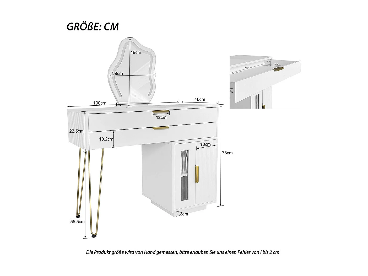 Coiffeuse blanc miroir LED design extensible chambre sans tabouret