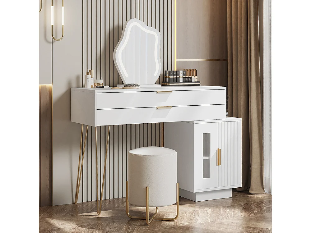 Coiffeuse blanc miroir LED design extensible chambre sans tabouret