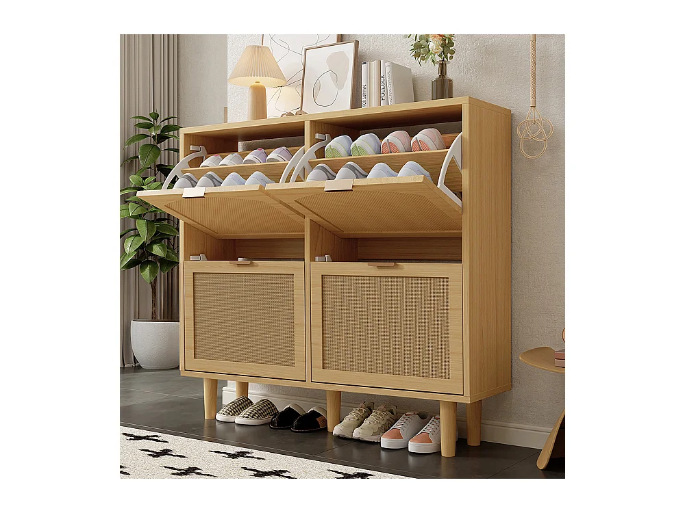 Meuble à chaussures 4 tiroirs rabattables naturel rotin poignées métal style maison campagne couloir chambre