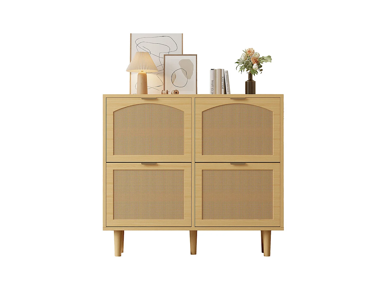 Meuble à chaussures 4 tiroirs rabattables naturel rotin poignées métal style maison campagne couloir chambre