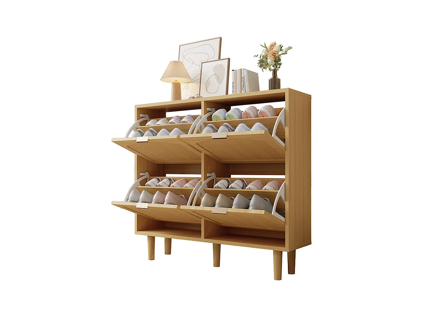 Meuble à chaussures 4 tiroirs rabattables naturel rotin poignées métal style maison campagne couloir chambre