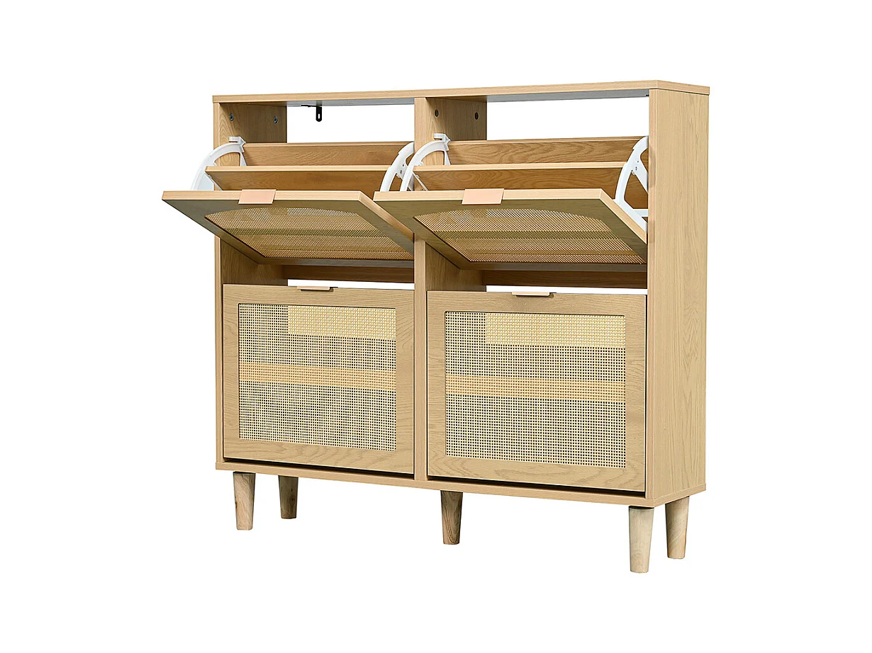 Meuble à chaussures 4 tiroirs rabattables naturel rotin poignées métal style maison campagne couloir chambre