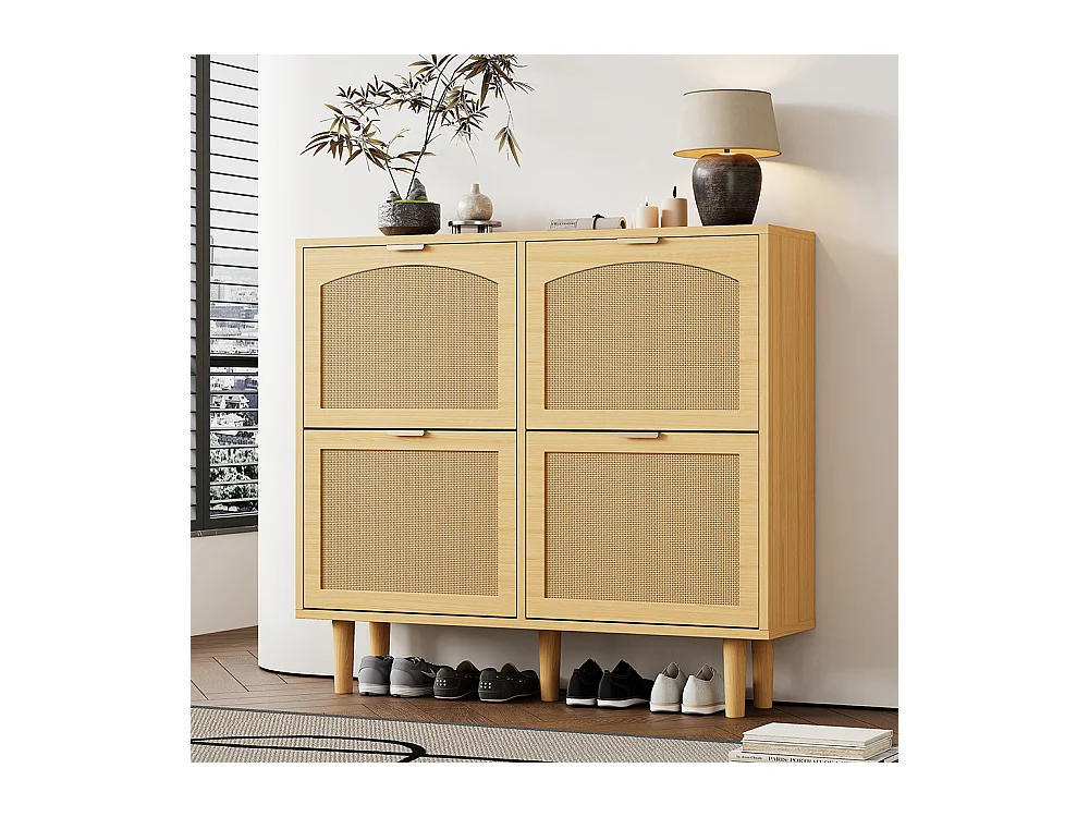Meuble à chaussures 4 tiroirs rabattables naturel rotin poignées métal style maison campagne couloir chambre