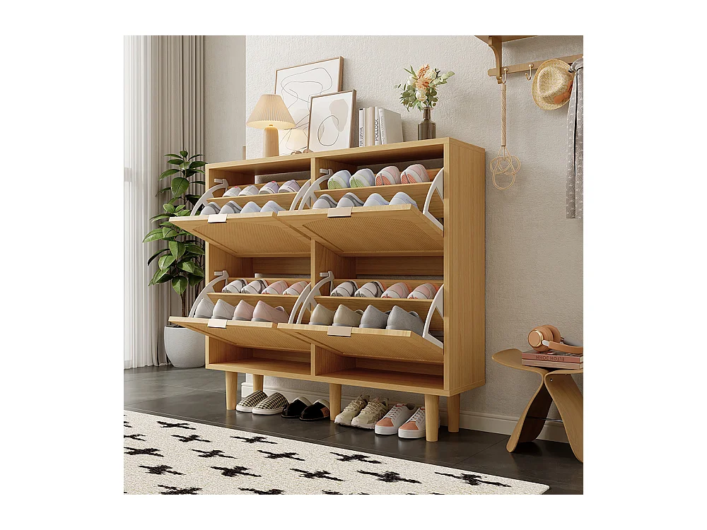 Meuble à chaussures 4 tiroirs rabattables naturel rotin poignées métal style maison campagne couloir chambre