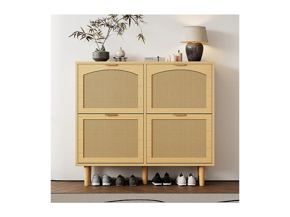 Meuble à chaussures 4 tiroirs rabattables naturel rotin poignées métal style maison campagne couloir chambre
