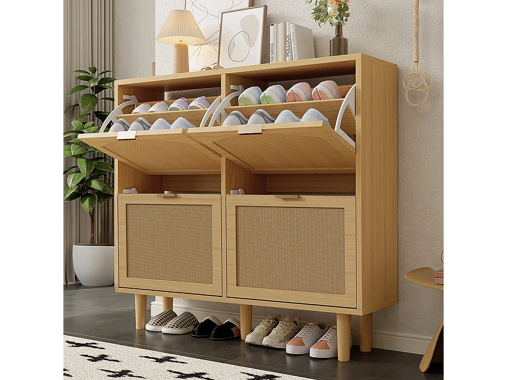 Meuble à chaussures 4 tiroirs rabattables naturel rotin poignées métal style maison campagne couloir chambre