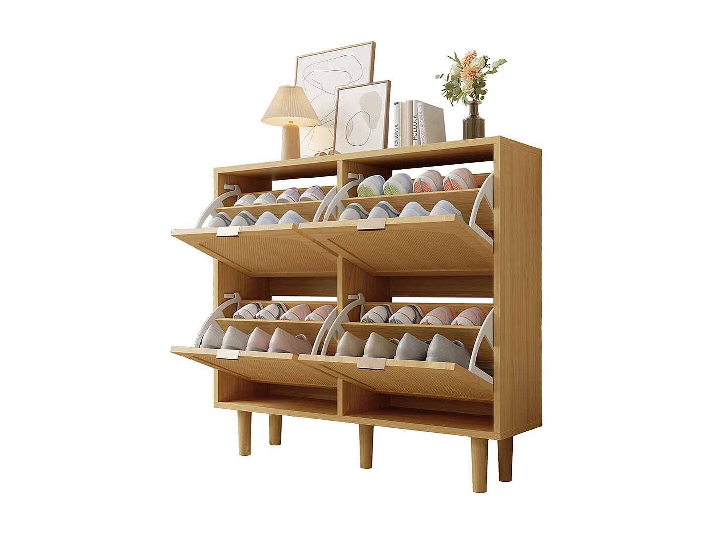 Meuble à chaussures 4 tiroirs rabattables naturel rotin poignées métal style maison campagne couloir chambre