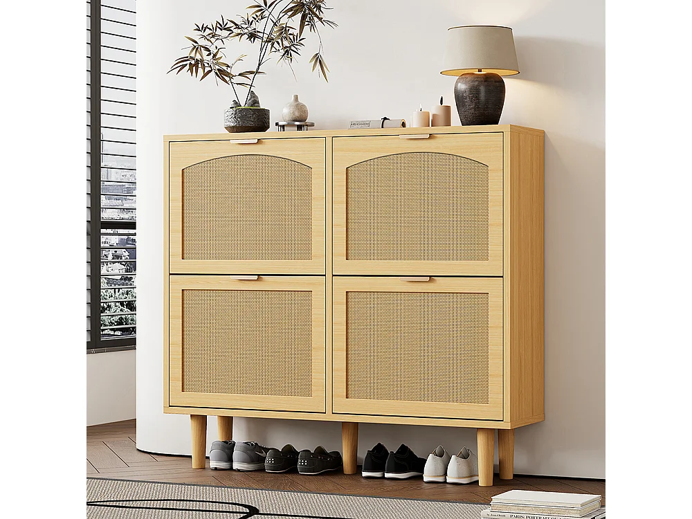 Meuble à chaussures 4 tiroirs rabattables naturel rotin poignées métal style maison campagne couloir chambre
