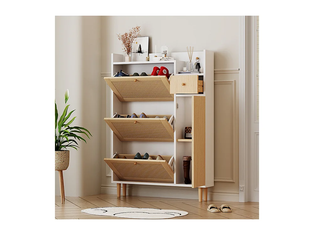 Meuble à chaussures 3 portes 1 tiroir naturel rotin pieds bois massif entrées étroites