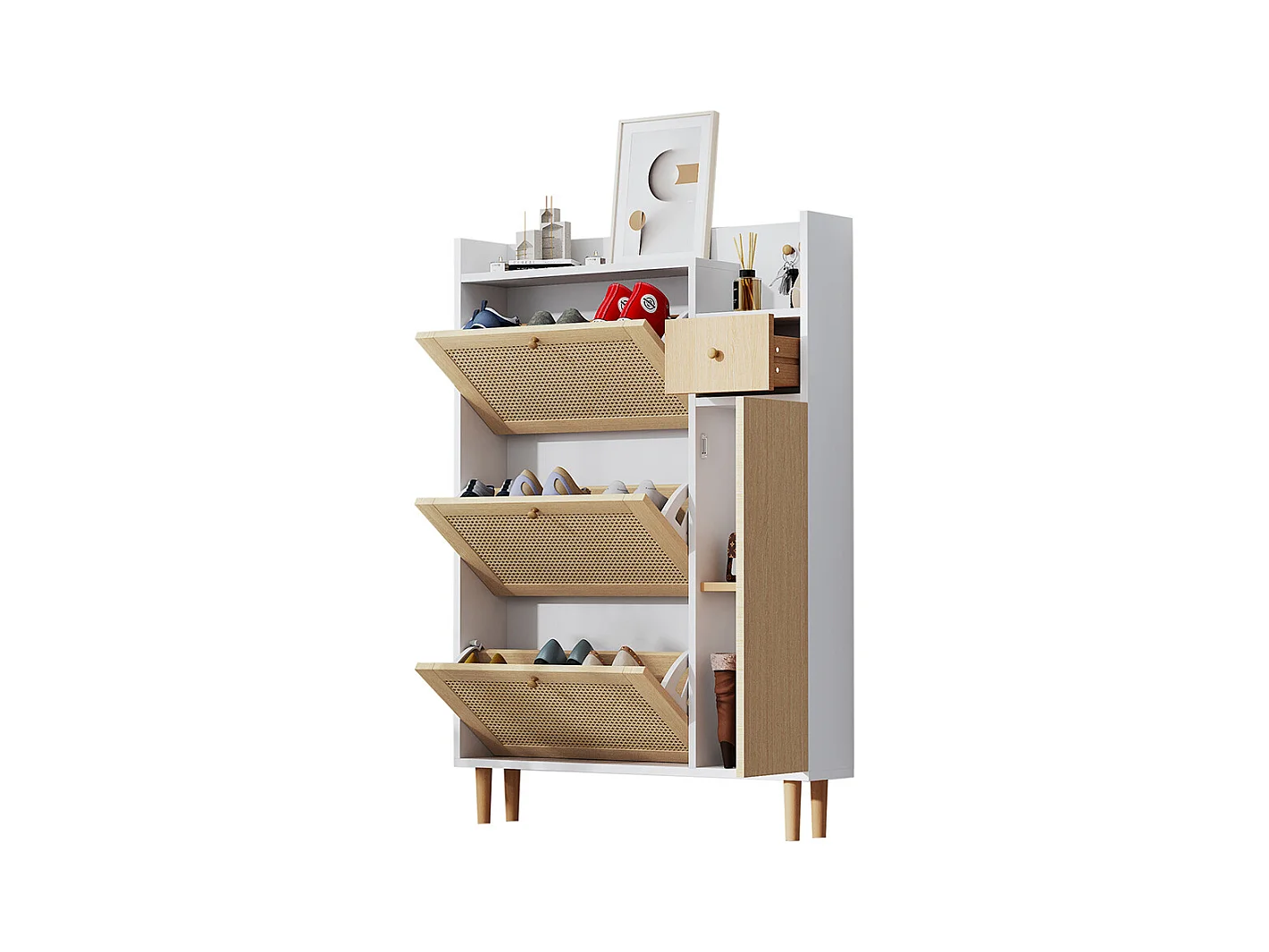 Meuble à chaussures 3 portes 1 tiroir naturel rotin pieds bois massif entrées étroites