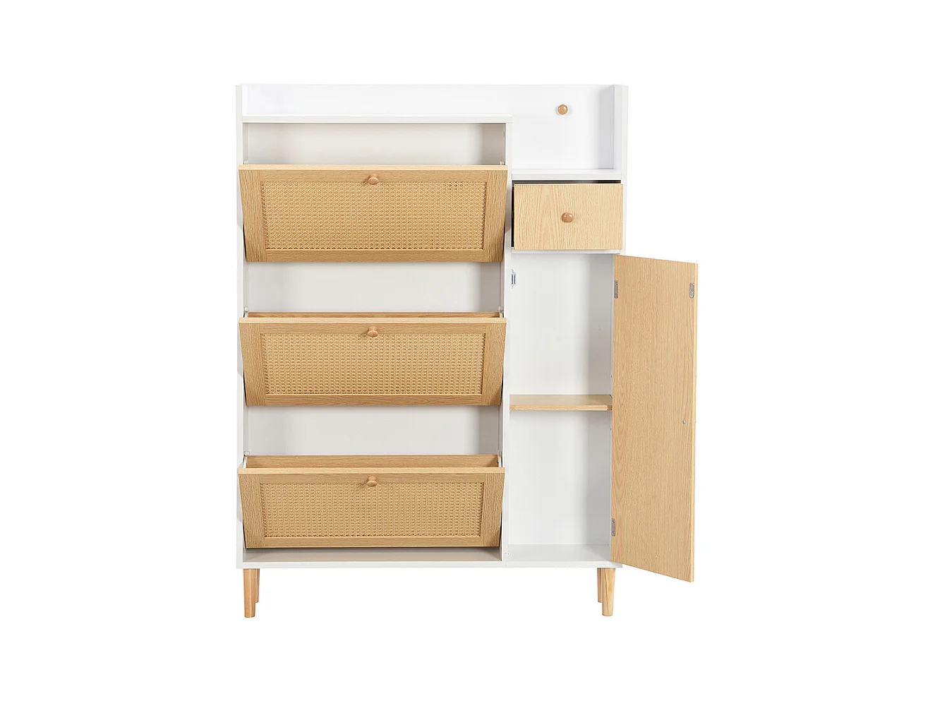 Meuble à chaussures 3 portes 1 tiroir naturel rotin pieds bois massif entrées étroites