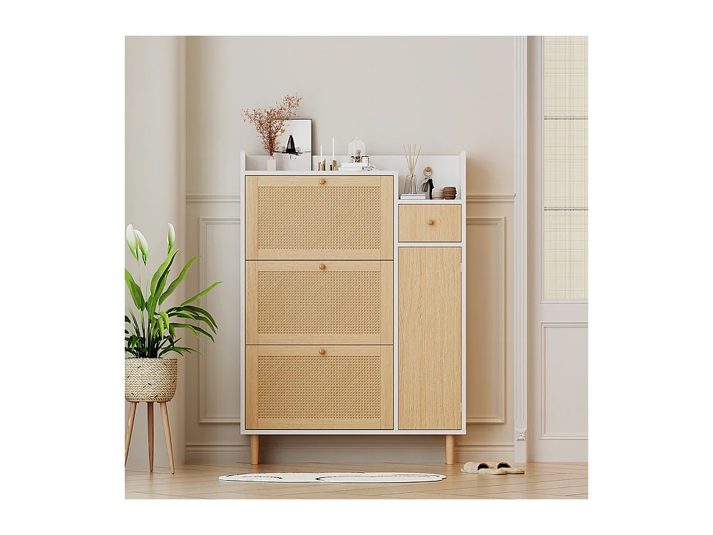 Meuble à chaussures 3 portes 1 tiroir naturel rotin pieds bois massif entrées étroites