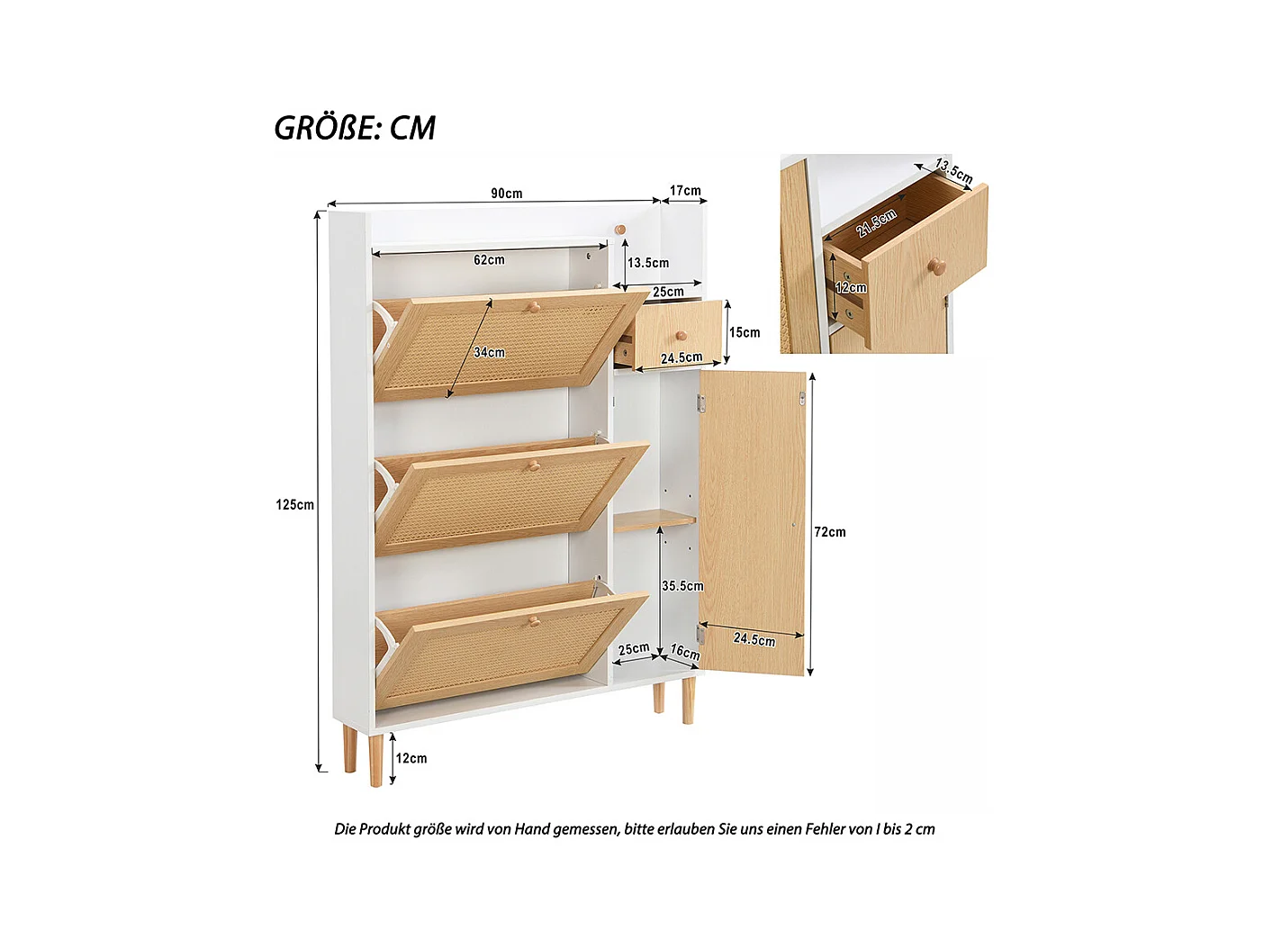 Meuble à chaussures 3 portes 1 tiroir naturel rotin pieds bois massif entrées étroites