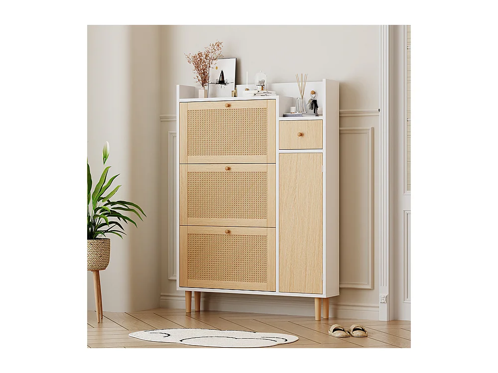 Meuble à chaussures 3 portes 1 tiroir naturel rotin pieds bois massif entrées étroites