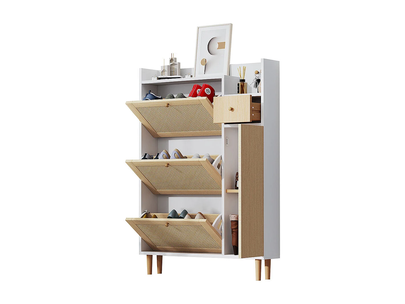 Meuble à chaussures 3 portes 1 tiroir naturel rotin pieds bois massif entrées étroites