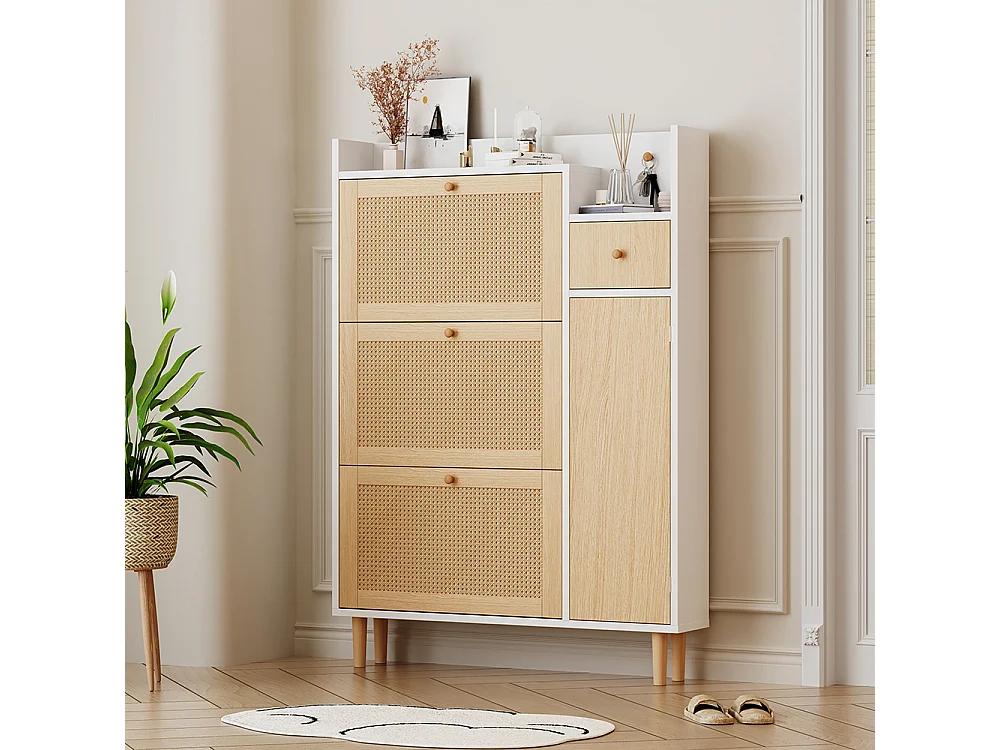 Meuble à chaussures 3 portes 1 tiroir naturel rotin pieds bois massif entrées étroites