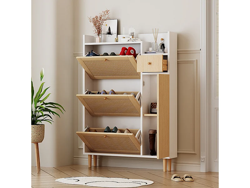 Meuble à chaussures 3 portes 1 tiroir naturel rotin pieds bois massif entrées étroites