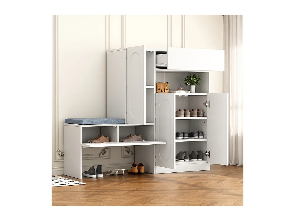 Meuble à chaussures blanc 2 en 1 portes cintrées rabattable soft close compartiments réglables banc rembourré