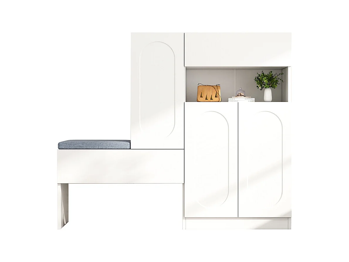 Meuble à chaussures blanc 2 en 1 portes cintrées rabattable soft close compartiments réglables banc rembourré